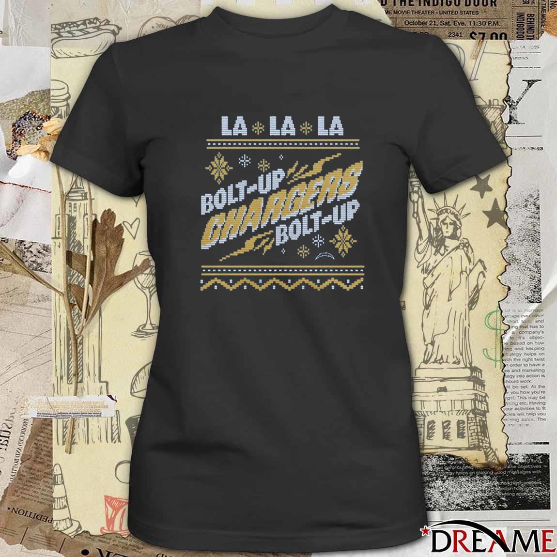 Official Los Angeles Chargers LA LA LA Bolt Up Chargers Bolt Up Holiday NFL Ugly Christmas Sweater 2024 t shirt hoodie sweater long sleeve and tank top