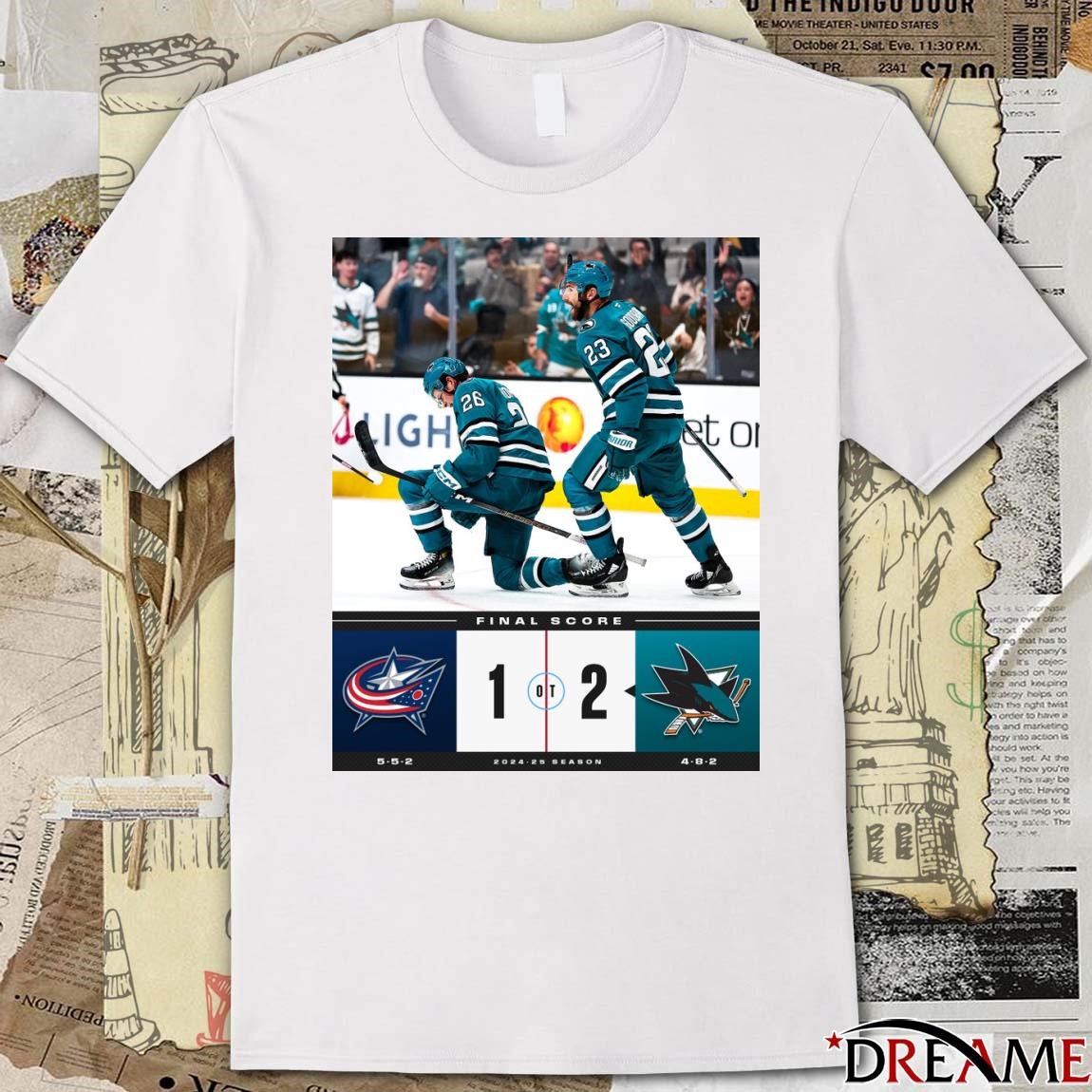 Official NHL Final Score Columbus Blue Jackets Vs San Jose Sharks 1 2 2024 25 Season Poster t shirt hoodie sweater long sleeve and tank top